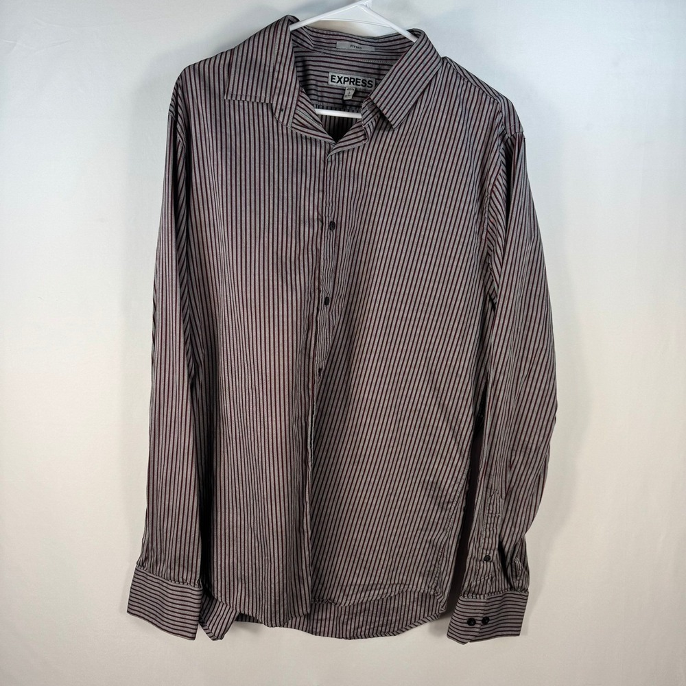 Express Mens Fitted Long Sleeve Button Down Shirt Red Black Stripe Large 16-16.5